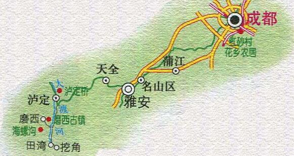 成都至泸定桥旅游路线图